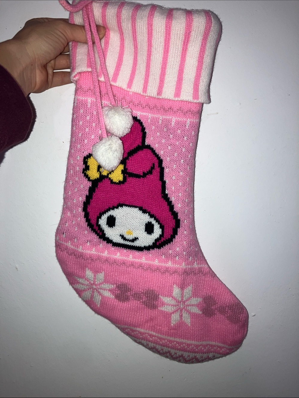 Sanrio my melody fair isle knit Christmas stocking pink white snowflake